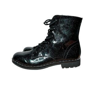 Jellypop Girls Punky Black Green Glitter Patent Combat Boots Size 3M Side Zip